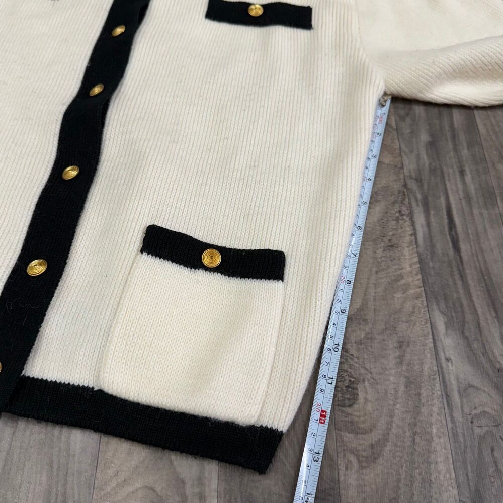 Vintage Karen Scott Wool Blend Contrast Trim Cardigan Cream Black Gold M - Picture 4 of 4